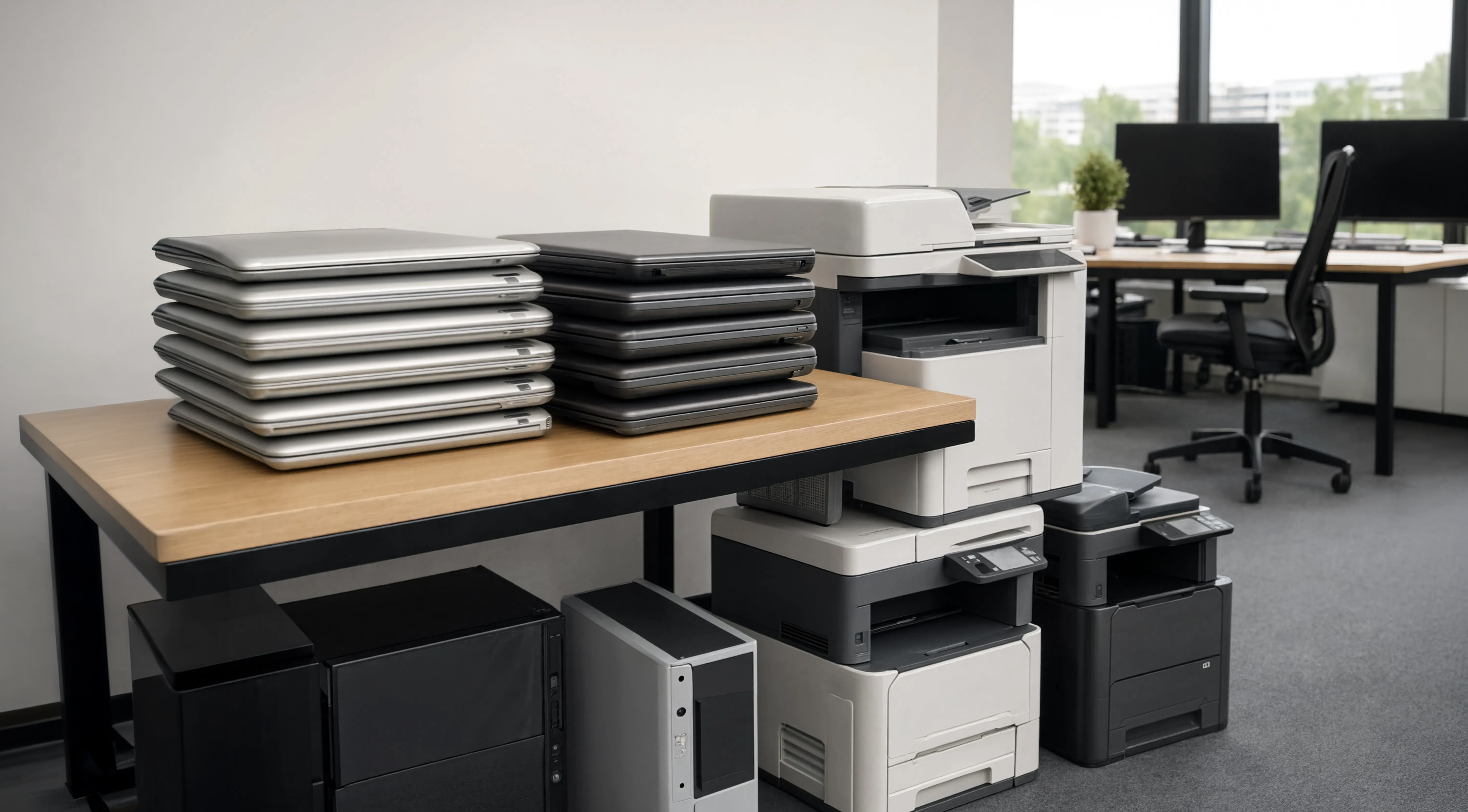 Used laptops and printers ready for responsible recycling