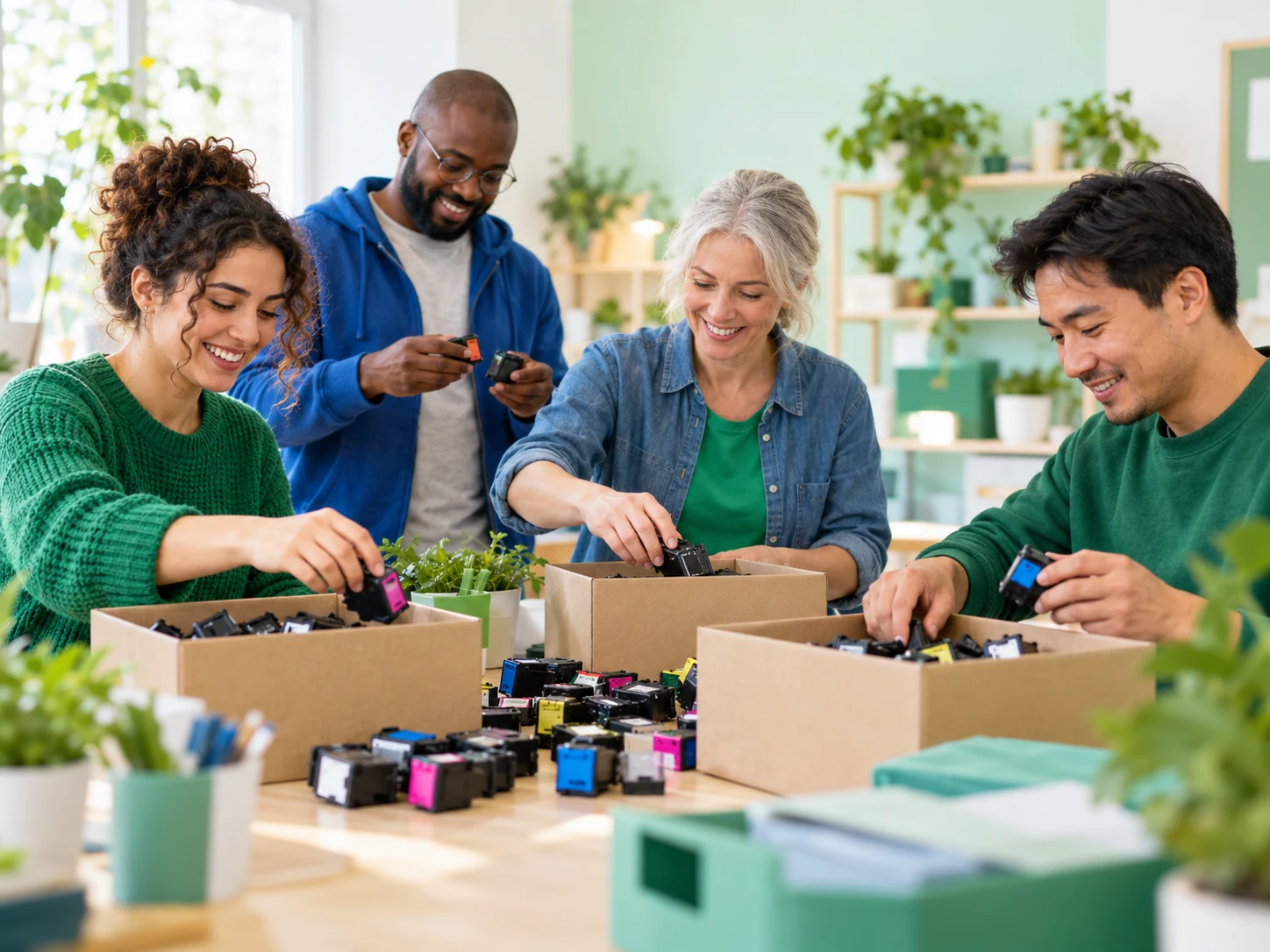 Volunteers sorting inkjet cartridges into collection boxes