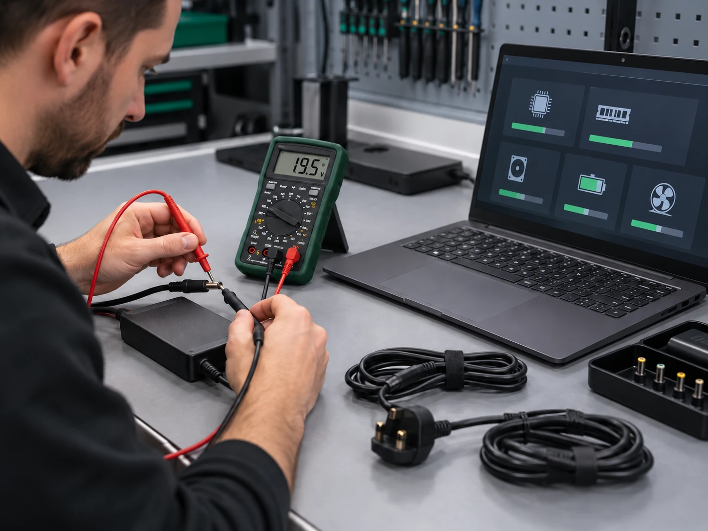 Laptop power adapter assessed using a multimeter at a diagnostic station