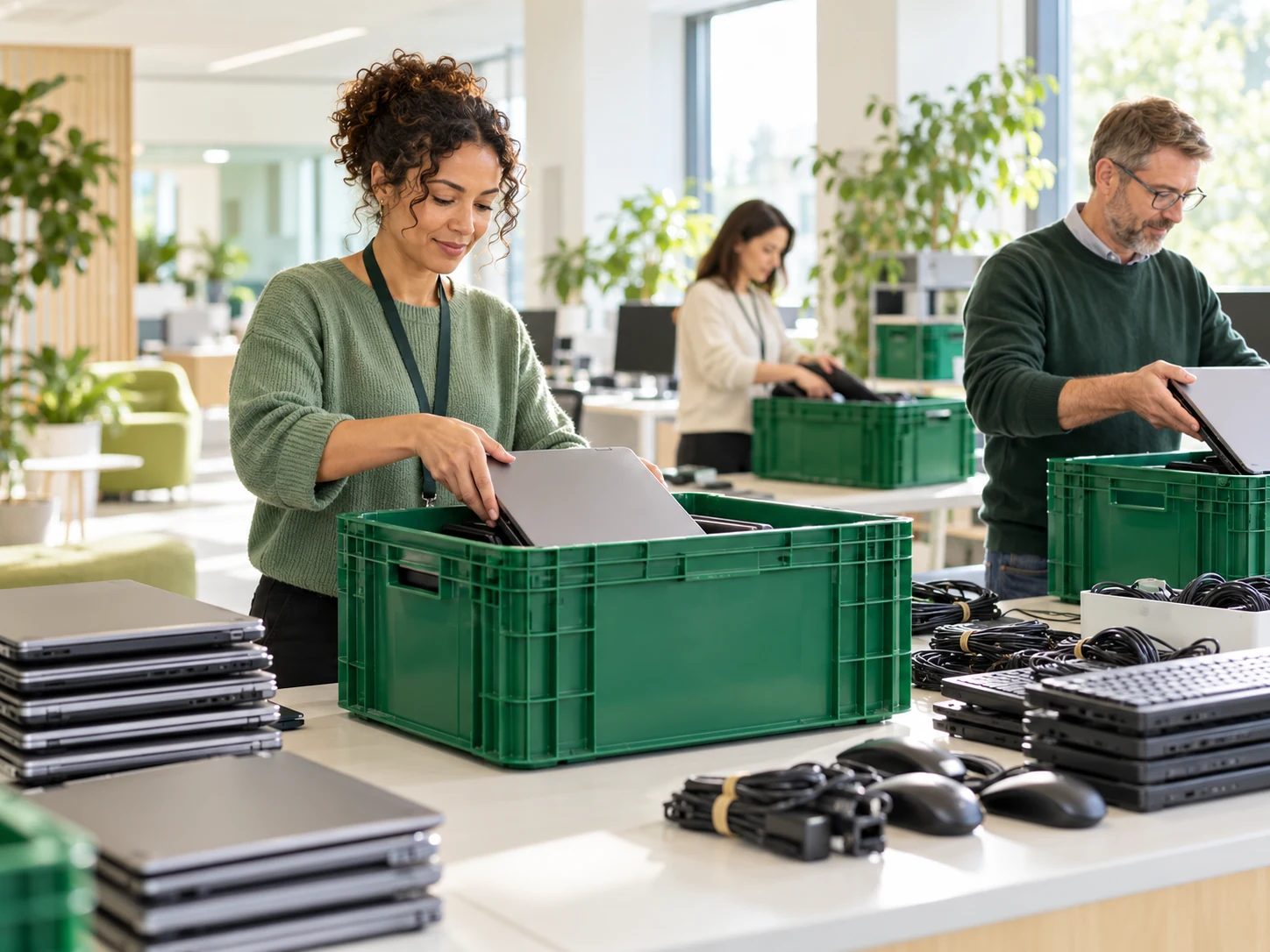 Office staff preparing retired IT equipment for collection