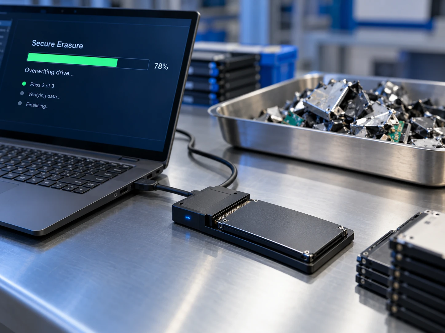 Storage drive connected to a data-erasure station with destroyed media segregated nearby