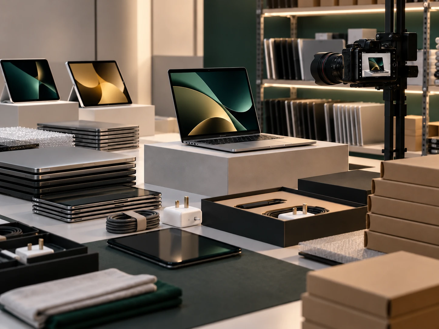 Refurbished devices being photographed and prepared for resale