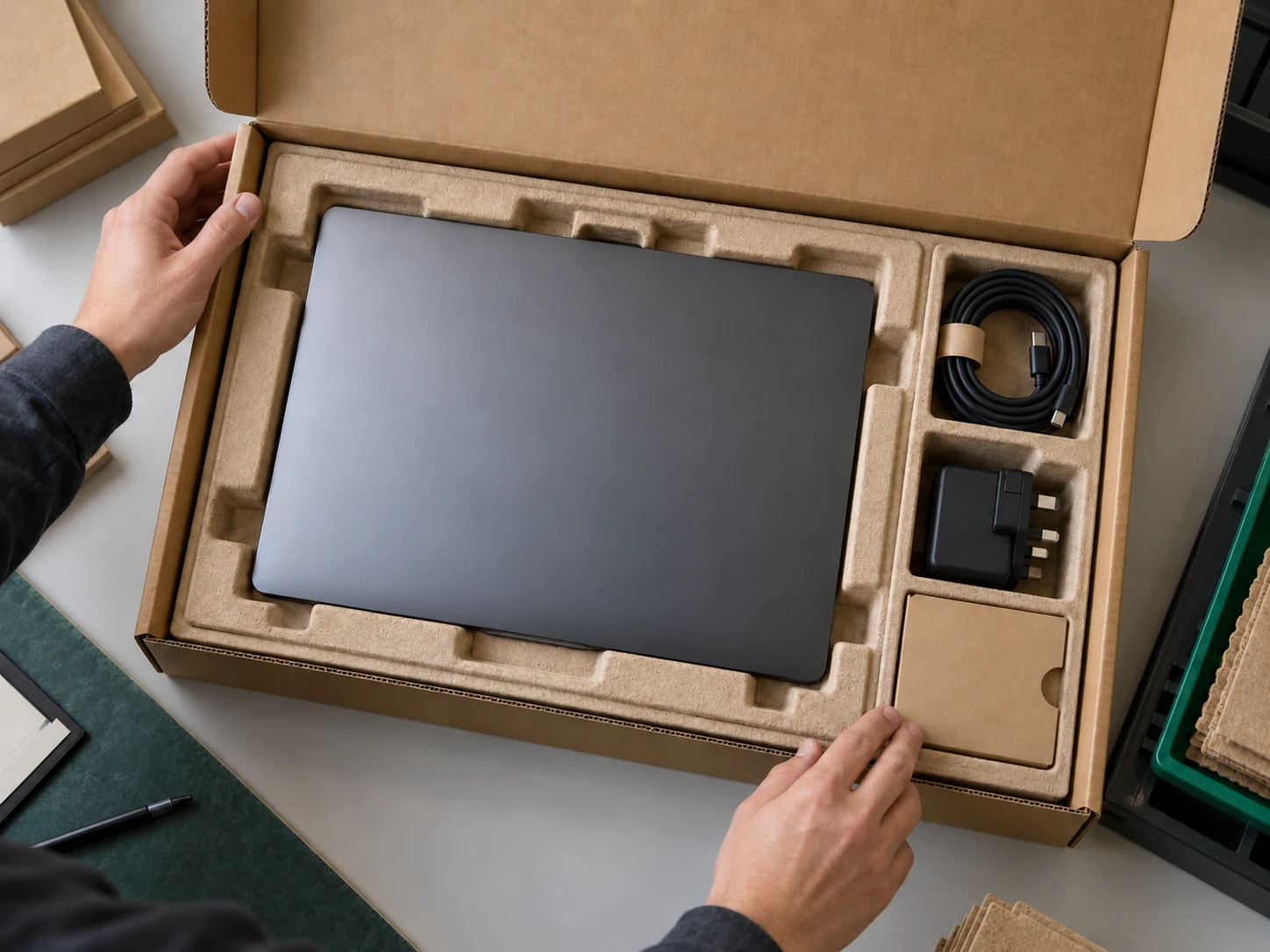 Refurbished laptop packed in fitted recyclable packaging for dispatch