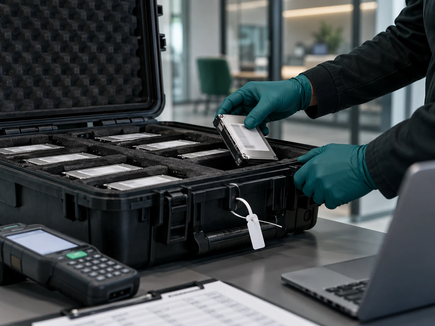 Storage drives organised in a sealed protective case for controlled asset handling