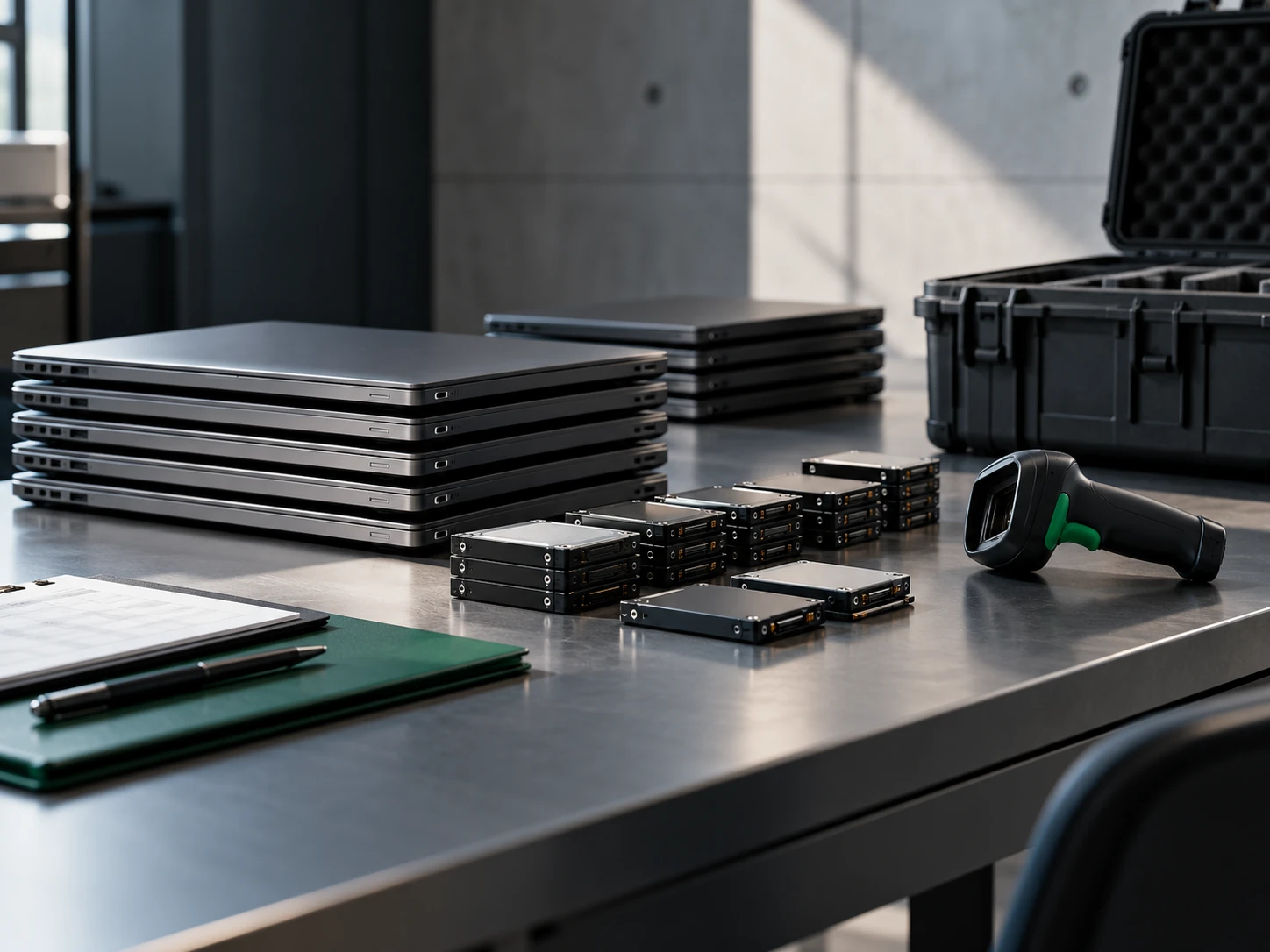 Retired computers and drives inventoried at a secure asset-assessment station