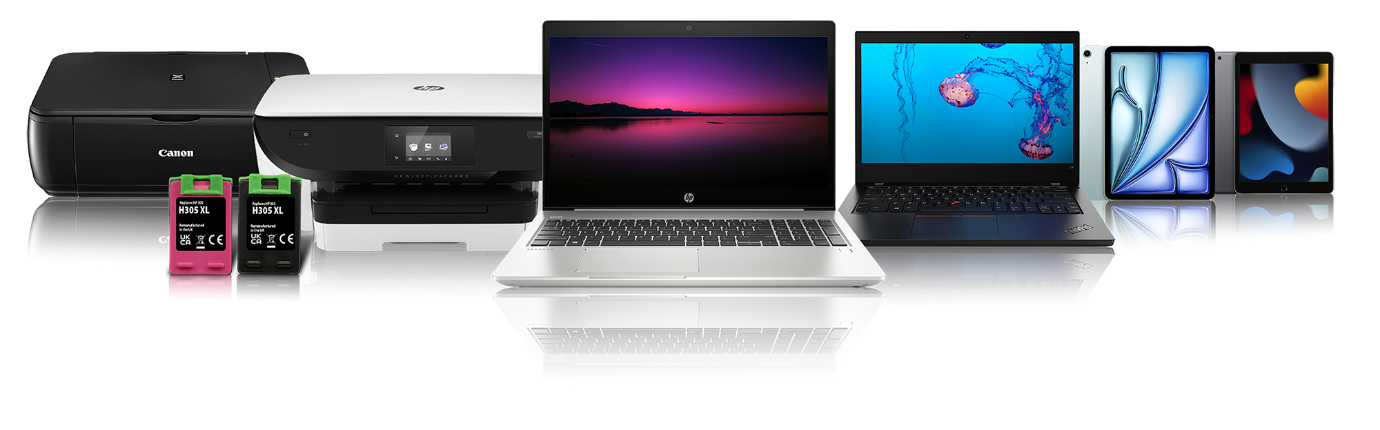 Our range of refurbished printers, laptops, tablets and remanufactured cartridges