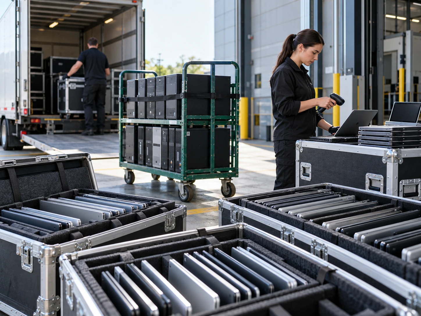 Business computers being inventoried for secure collection at a loading area